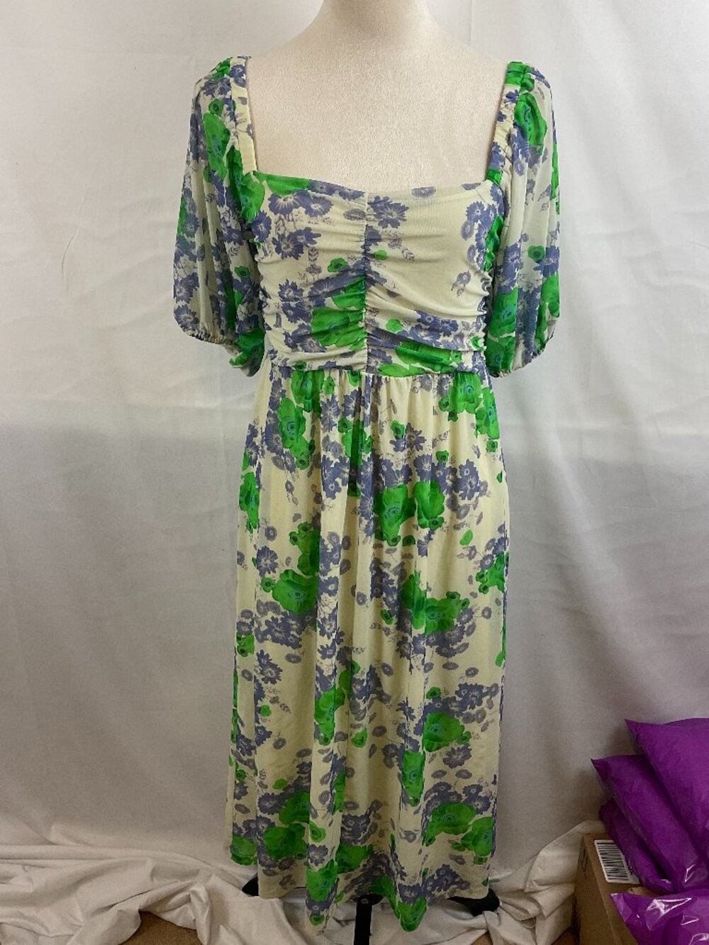 Ganni Dress Cream Green Blue Floral Ruched Gauzy Half Sleeve